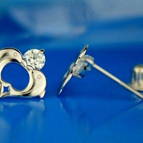 14k Solid Gold Double Dolphin Stud Screw Back Earrings with Sparkling Stone - Picture 3 of 3